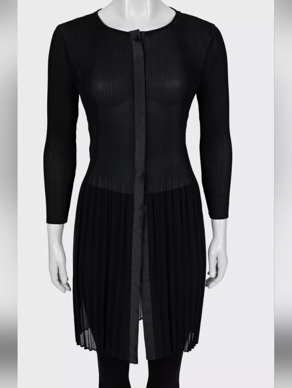 Vintage Armani Collezioni Black Long Sleeve Pleated Midi Dress Sz 4